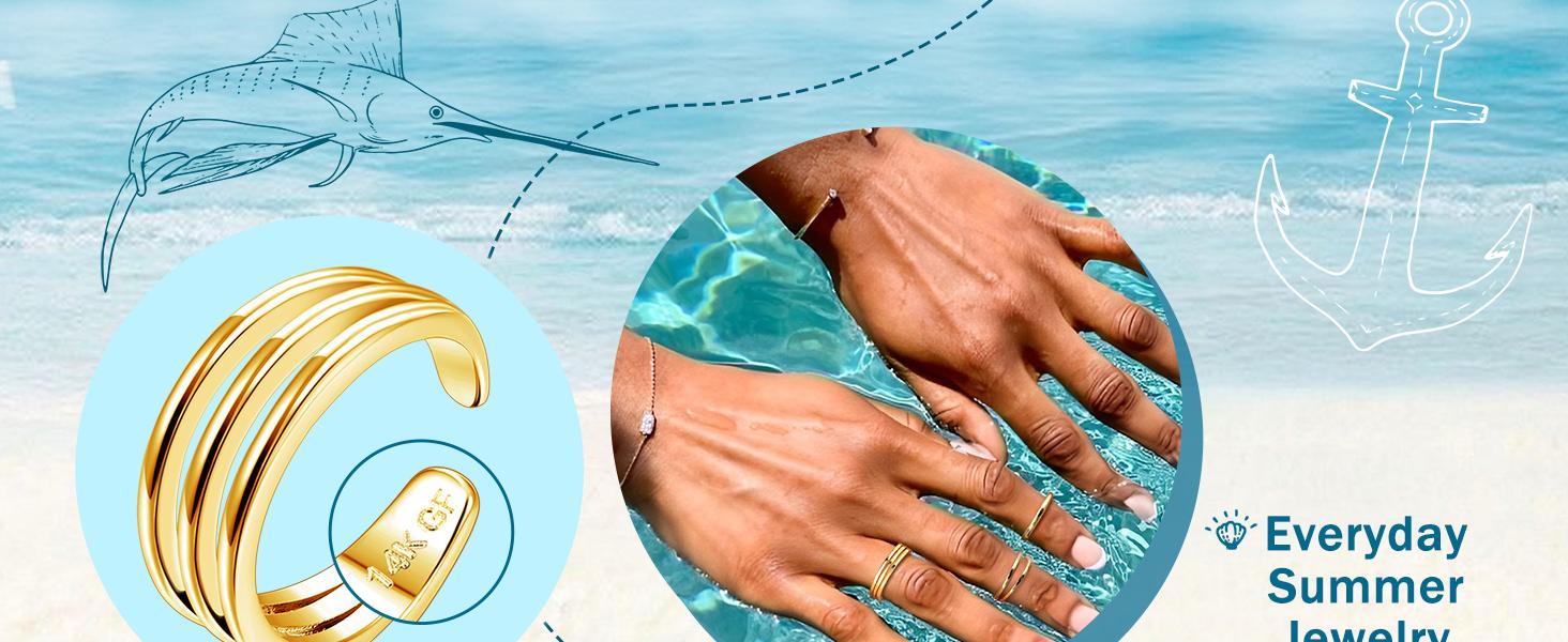 Summer 3 Pcs 14K Gold Filled Toe Rings for Women Adjustable Toe Ring Set Summer Jewellery