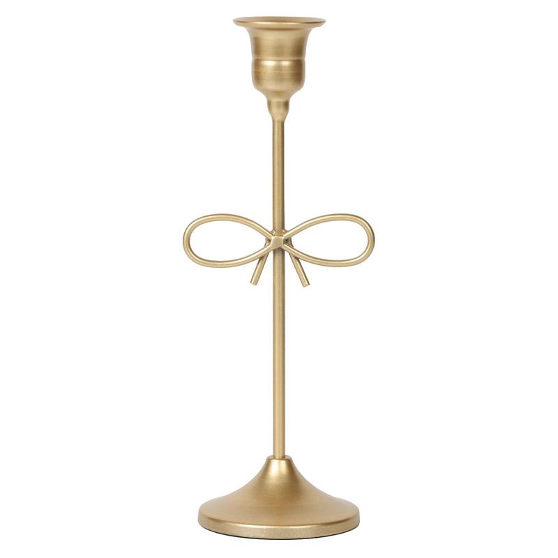 Large Bow Taper Candle Holder – 9" Antique Gold Iron & MDF Tabletop Decor, Bow Accent, Indoor Candle Accessory
