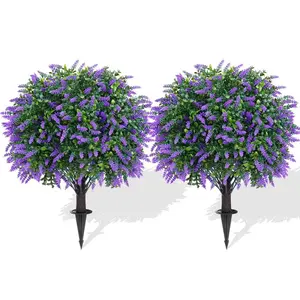 Lavender Topiary Ball Trees with Ground Spike, 16 Inches UV Resistant  Boxwood Shrubs, Fake Decorative Evergreen Outdoor Plant Bush for Indoor Front Porch Garden Ornament Set of 2 Items Fruit porch decor  lavender lavender