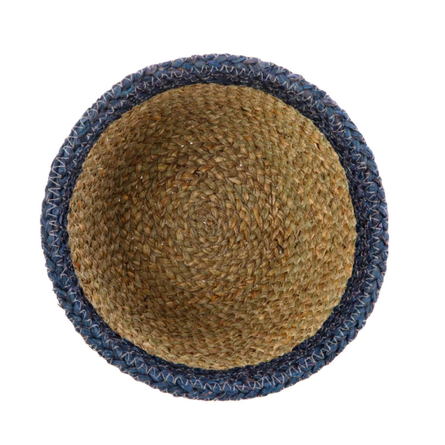[Home Decor] Two-Tone Seagrass Basket - 11x8.3 Inch Navy & Natural Storage Bin for Shelf Organization & Displays
