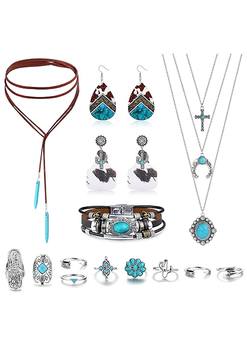 MILACOLATO Western Jewelry For Women Bohemian Turquoise Jewelry Set Turquoise Pendant Choker Necklace Turquoise Faux Leather Cuff Bracelet Turquoise Hoop Dangle Earrings Turquoise Joint Knuckle