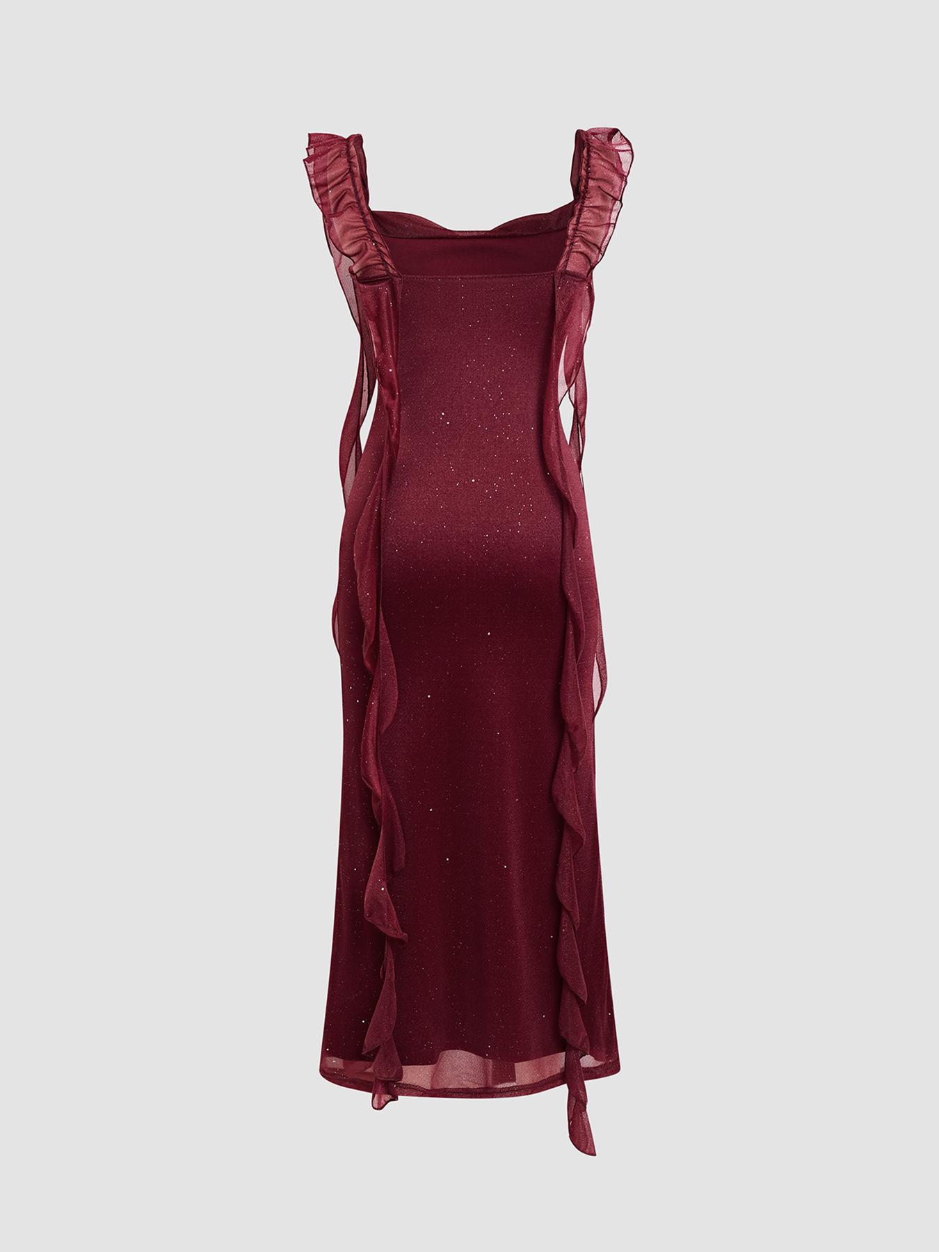 prom dresses，Valentine's Day Women's Formal Solid Glitter Ruffle Trim Dress, Elegant Sleeveless Dress for Party Club Dating Wear, Ladies Clothes for All Seasons