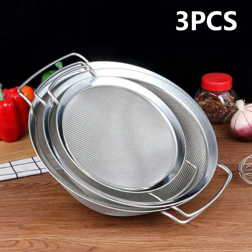 3 Piece Stainless Steel Colander Set, Metal Strainer Basket with Handle, Fine Mesh Filter Pot, Kitchen Utensils for Cooking, Strainers and Colanders