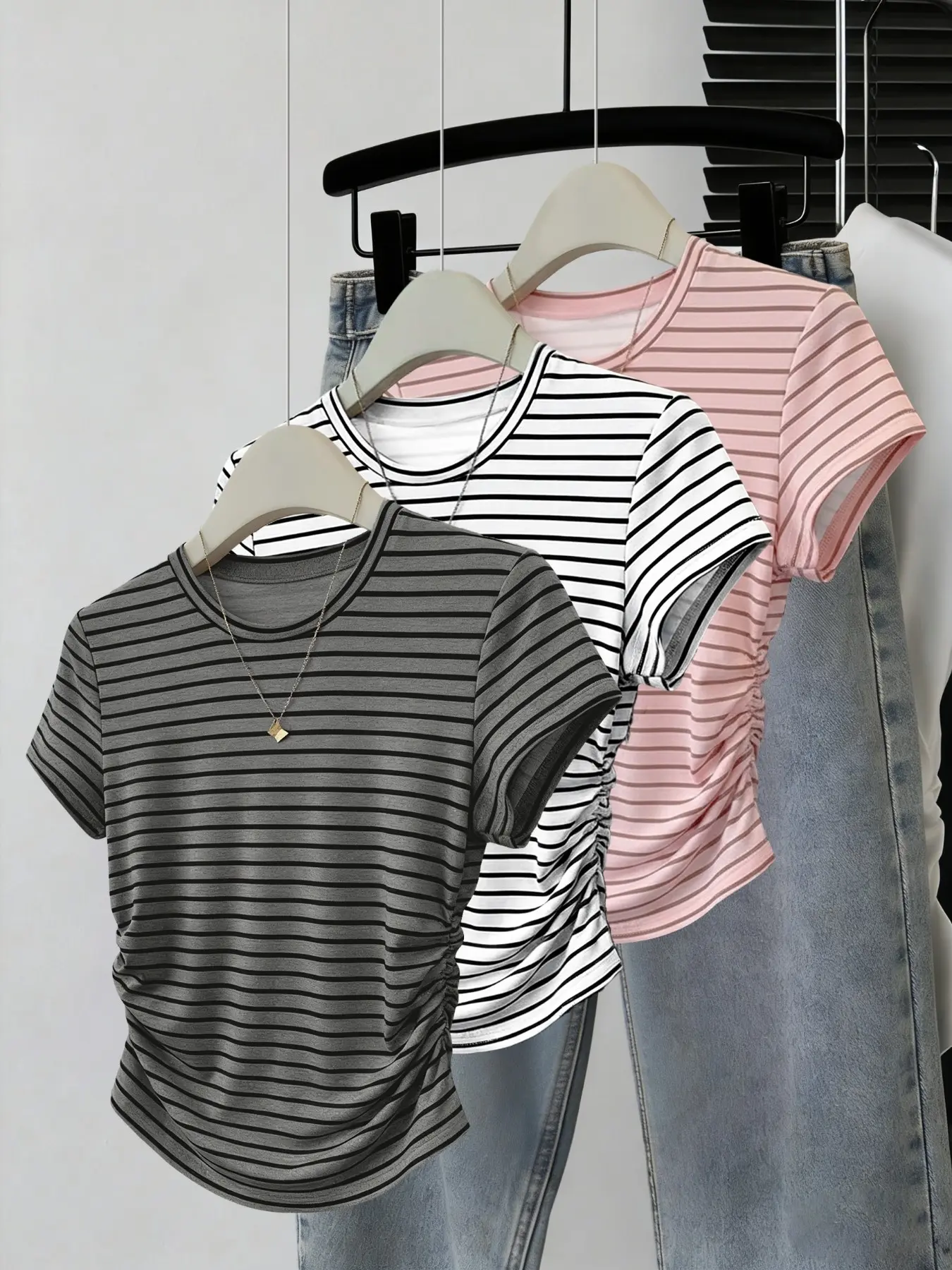 3-Pack Women's Striped Print Short Sleeve T-Shirts, Spring Summer Slim Fit Casual Folded Waist Top, Comfortable and Stylish