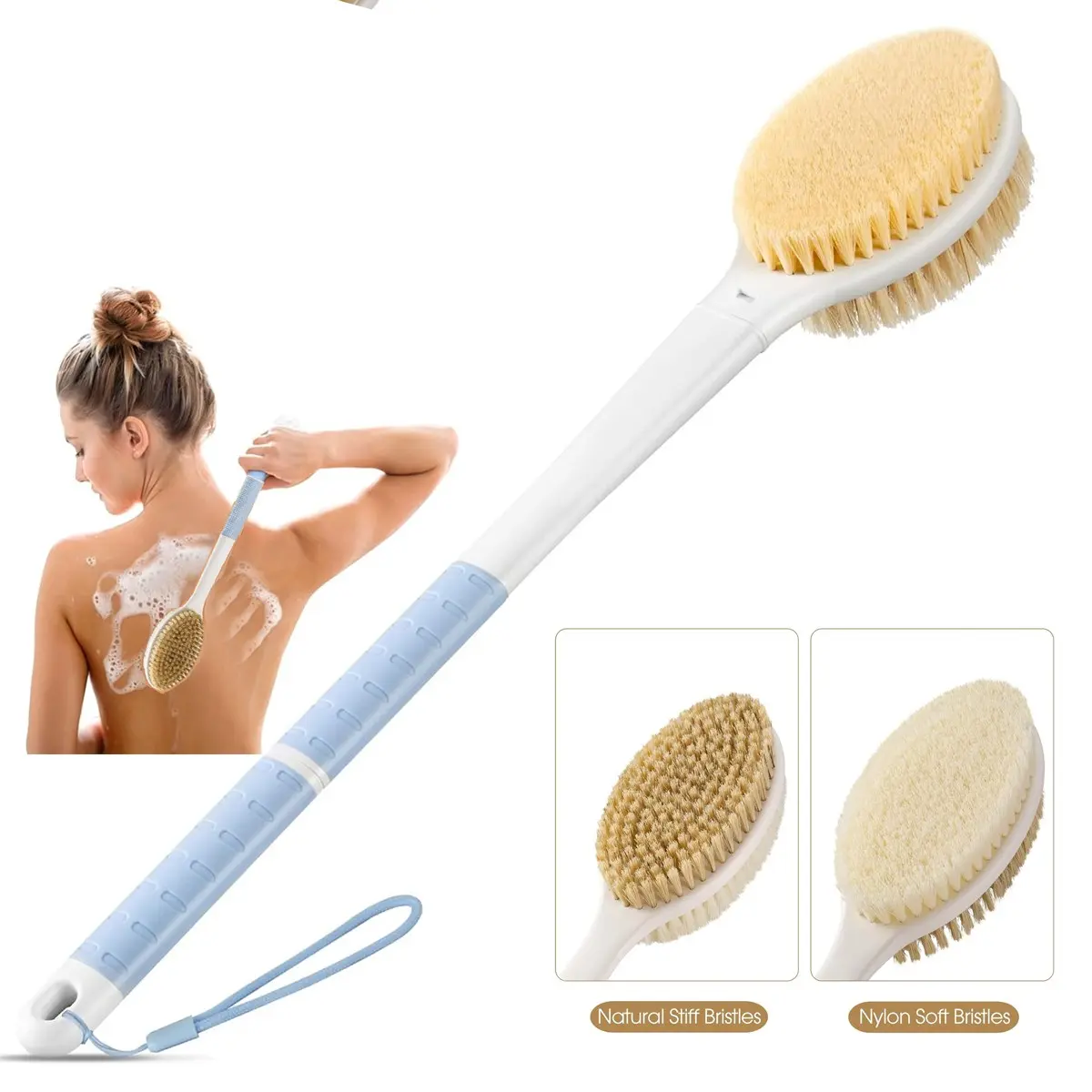 Back Scrubber Anti Slip for Shower, Shower Brush Long Handle with Stiff and Soft Bristles, Body Exfoliator for Bath or Dry Brush