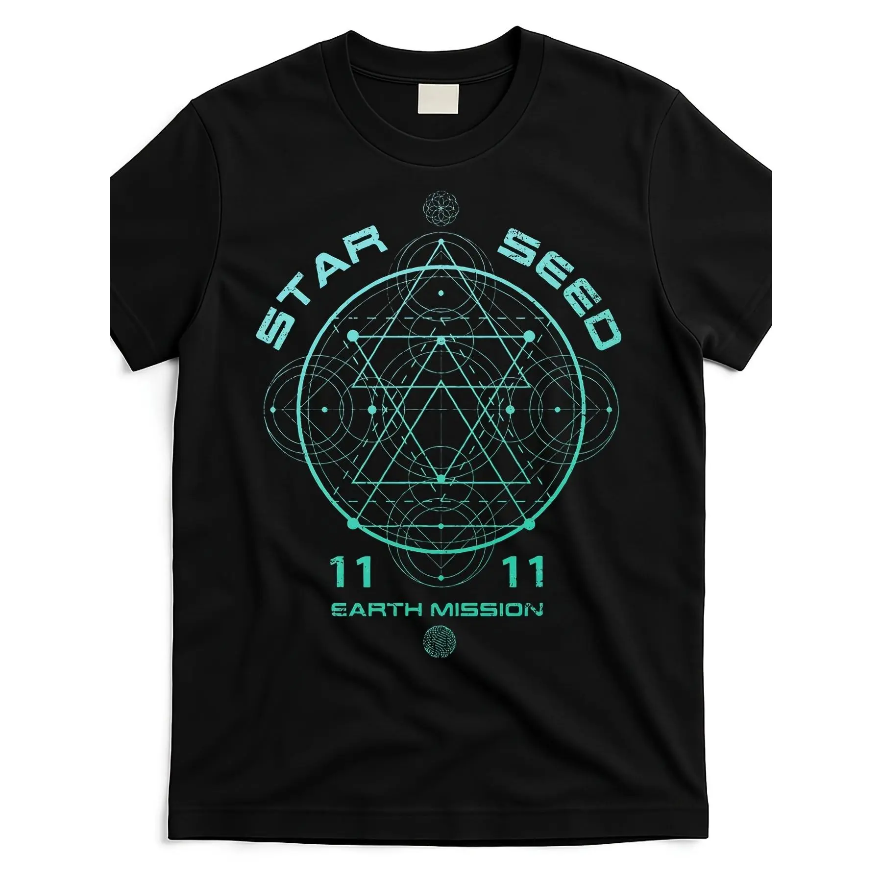 Women's Sacred Geometry Print T-Shirt, Casual Short Sleeve Crew Neck Top in a 100% Cotton Knit Fabric with Starseed Design, Shortsleeve