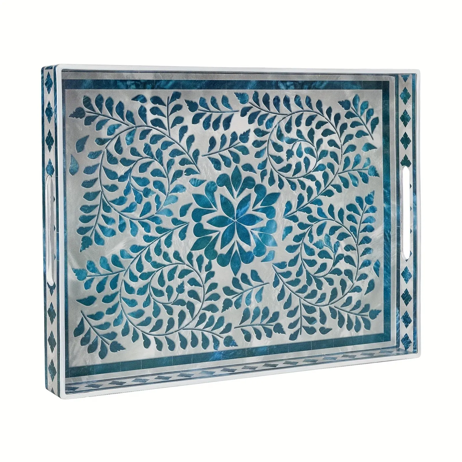 Rectangular Decorative Tray, Plastic Serving Tray with Handles, Modern Blue Trays for Ottoman, Coffee Table Trays for Living Room, Home Decor, 15.7" X 11.8" X 1.6"