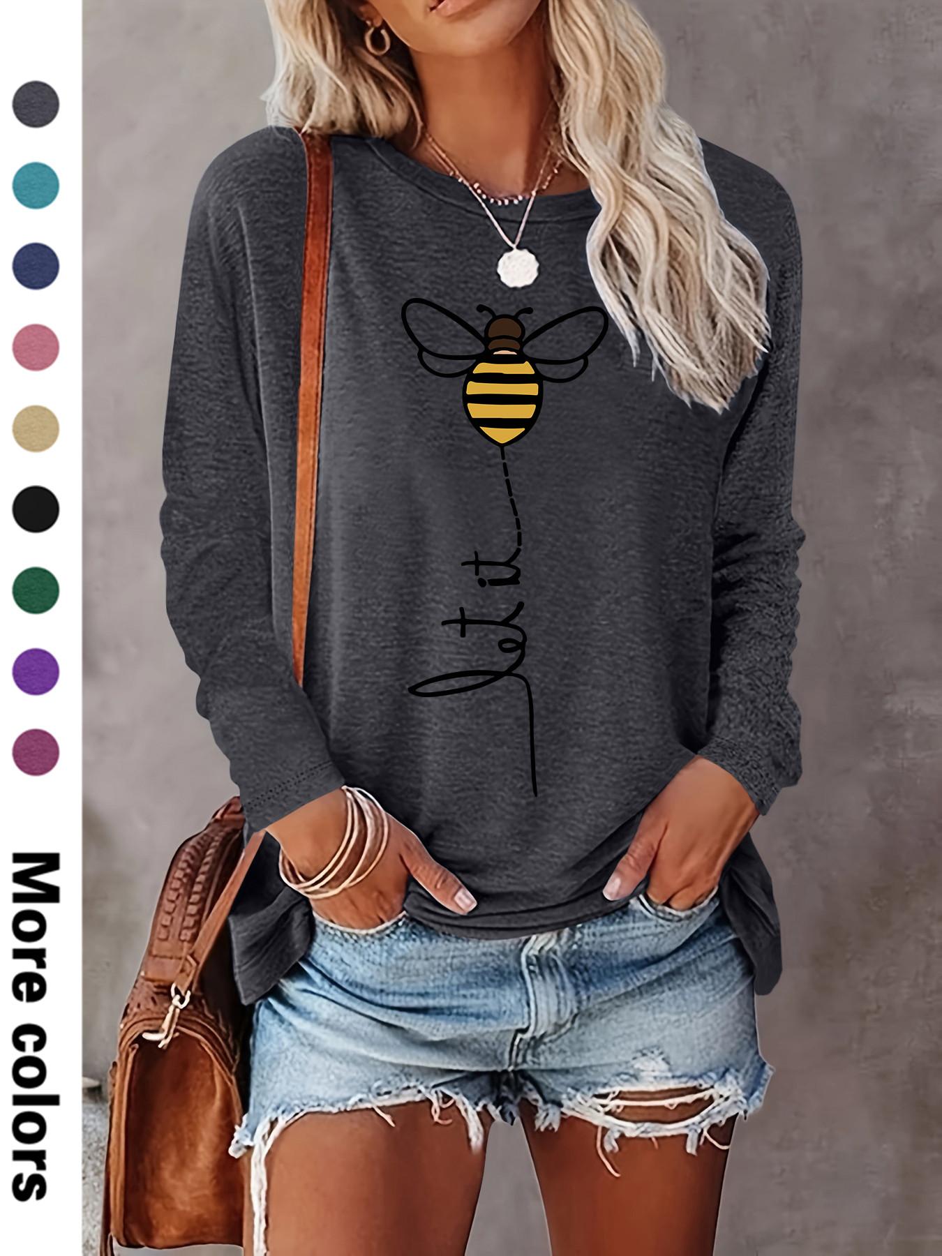 Women's Cartoon Bee Print Round Neck Fitted Tee, Casual Chic Long Sleeve Crew Neck T-shirt for Fall & Winter, Women's Top for Daily Wear, Womenswear