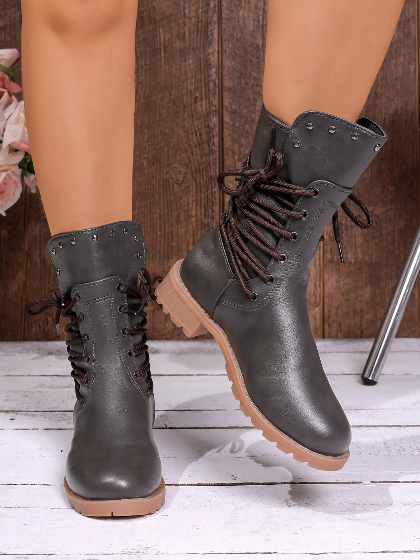 Vintage Distressed Rivet Buckle Boots, Mid-Calf Fashion Boots, Essential for Daily Commute & Outdoor Wear, Pair with Vintage Jeans