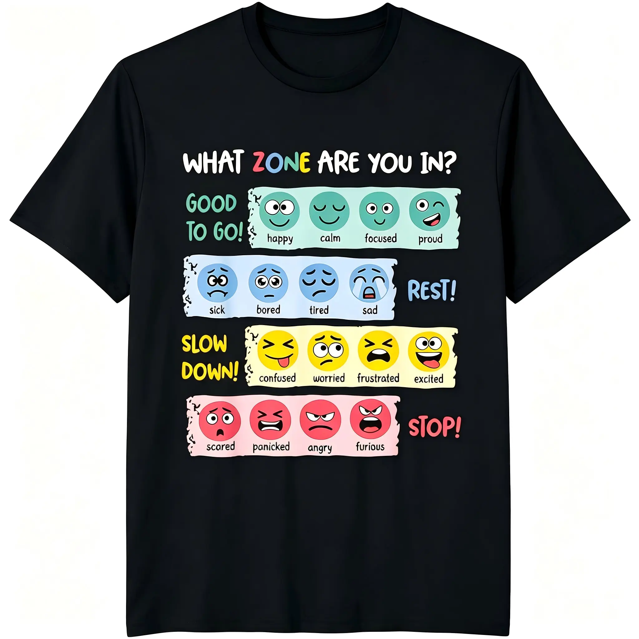 "What Zone Are You In" Emotion Zones Unisex T-Shirt for Men & Women - Feelings Chart SEL Graphic, Soft Cotton Crew Neck Short Sleeve, Comfortable All-Season Tee, Perfect for Everyday Casual & Counseling Style, Machine Washable