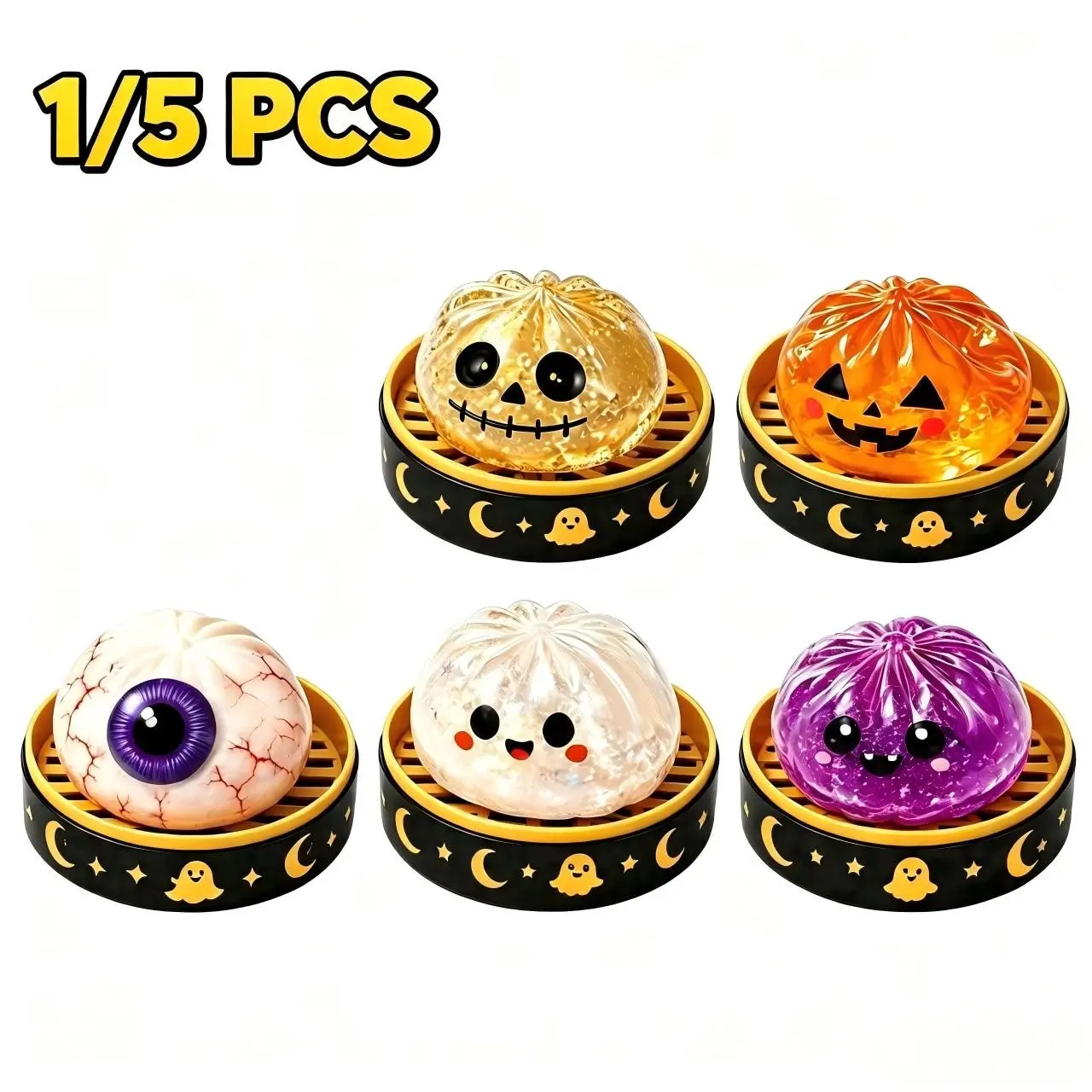 Halloween Ghost Squeeze Toy Set, Dumpling-Shaped Squishy Stress Relief Gift Box, 1/5 Piece Kit, Perfect for Grasping and Unwinding