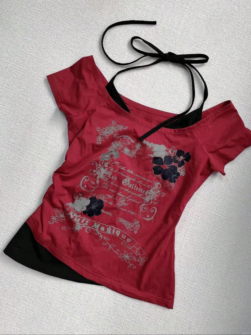 Women's 2 in 1 Floral & Letter Print  Halter Tee, Y2k Casual Top for Summer, Ladies Clothes for Daily Wear