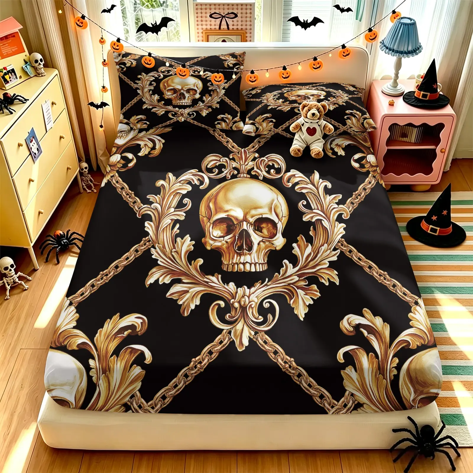 Vintage Baroque Golden Skull Chain Fitted Sheet Set (1 Fitted Sheet + 2 Pillowcases), Soft Breathable Microfiber, All-Around Elastic Deep Pocket Non-Slip Bedding Set, Black Background Gothic Scrollwork Halloween Bedroom Decor
