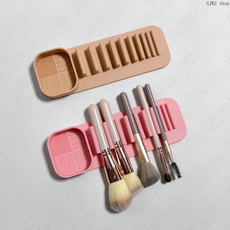 2 in 1 Silicone Makeup Brush Cleaning Mat & Drying Rack, Foldable Cosmetic Brush Cleaner Tray, Portable Makeup Washing Scrub Pad for Brushes Sponges