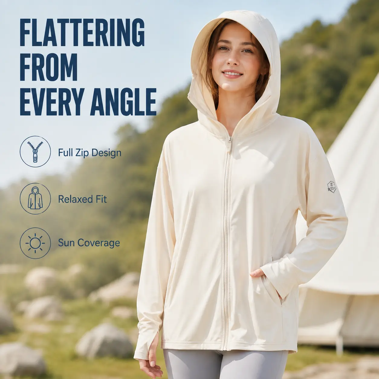 Sun Protection Hoodie Jacket - Lightweight Full-Zip Hooded UV Cover-Up with Wide Brim Visor, Breathable Mesh Face Shield, Long Sleeves, Relaxed Fit for Hiking, Walking, Travel & Beach Summer Activewear