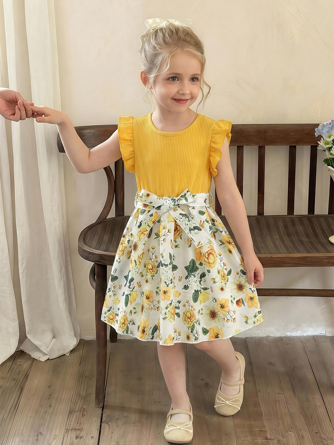 Girls' Patchwork Yellow Romantic Floral Print Dress with Belt, Elegant Princess Skirt Party and Evening Wear, Soft, Suitable
