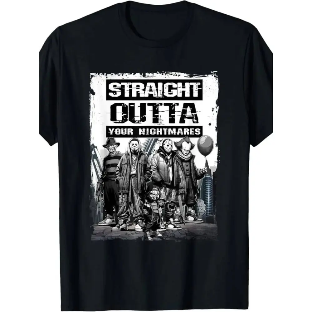 Straight Outta Nightmares" Men's Vintage Horror Halloween T-Shirt - 100% Cotton Casual Round Neck  gifts