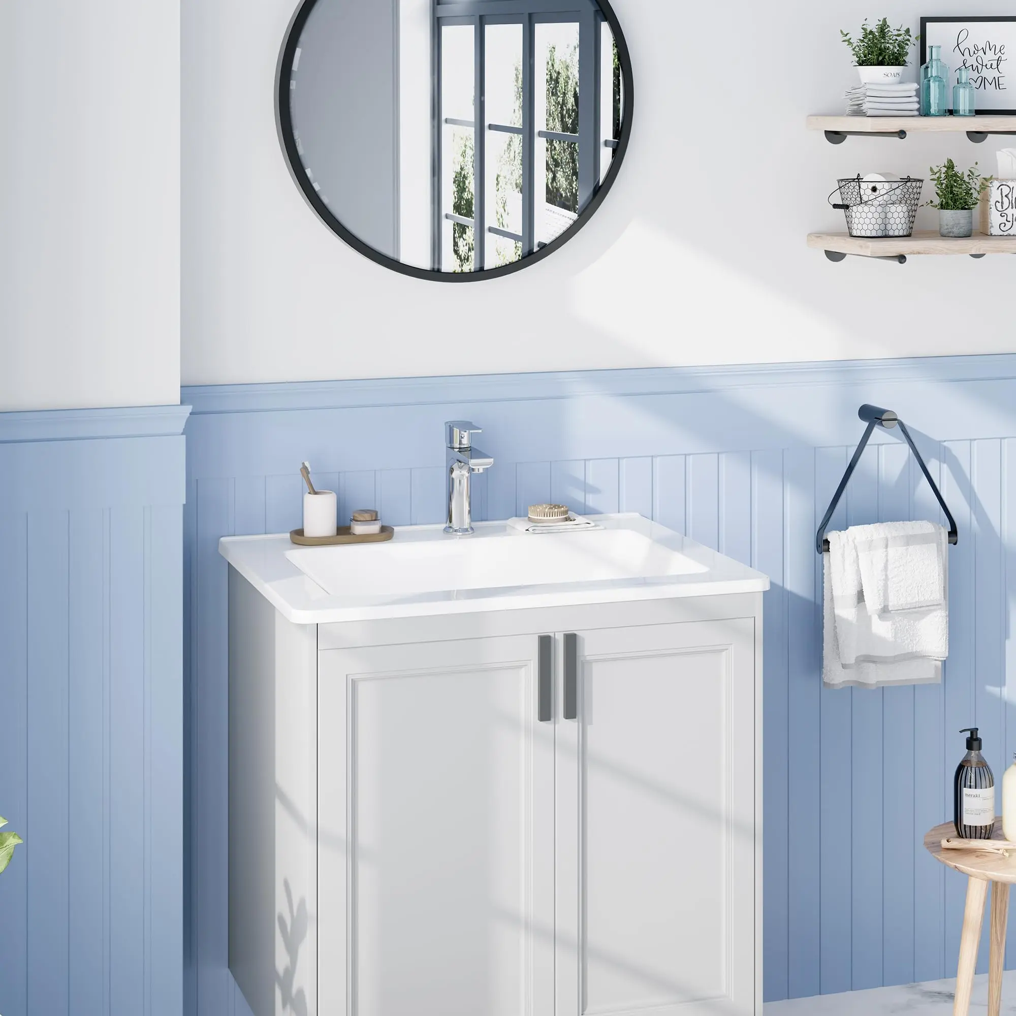 Garvee Square Semi-Recessed Ceramic Sink for Bathroom, White, 54.5 x 45.7 x 17.7 cm, Modern Above-Counter Installation, With a Single Hole for Faucet