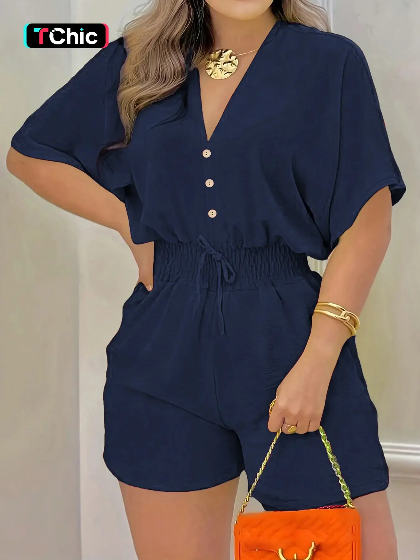 European & American Style Casual Basic Fitted Womenswear Women V-Neck Solid Color Bat-Wing Batwing Sleeve Short Boots With Button Jumpsuit Overalls Casual Jumpsuits