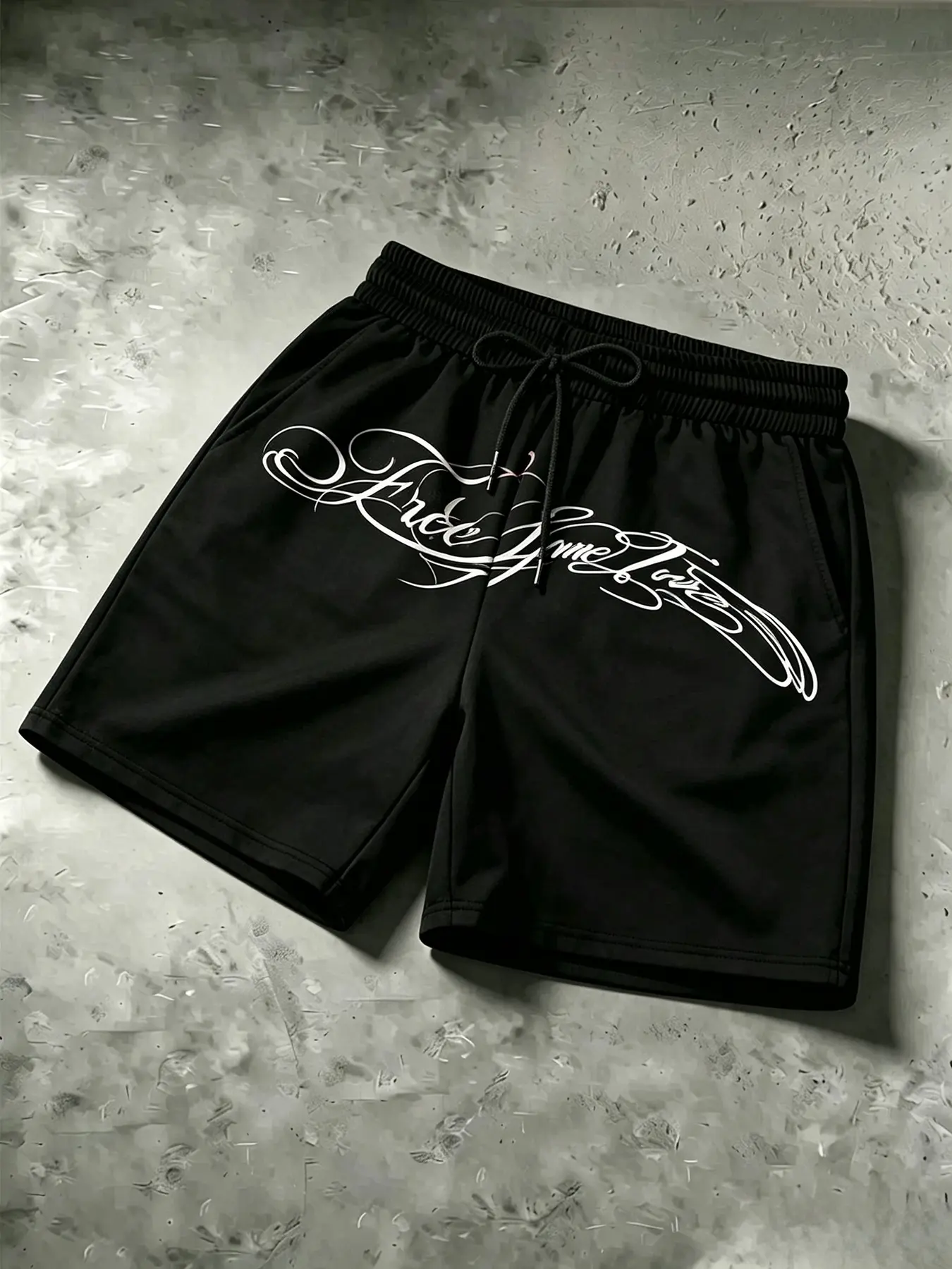 Chicano Print Drawstring Shorts, Loose-Fitting Street Style, Men's Skateboarding Trendy Pants, American Chicano Cleanfit Look