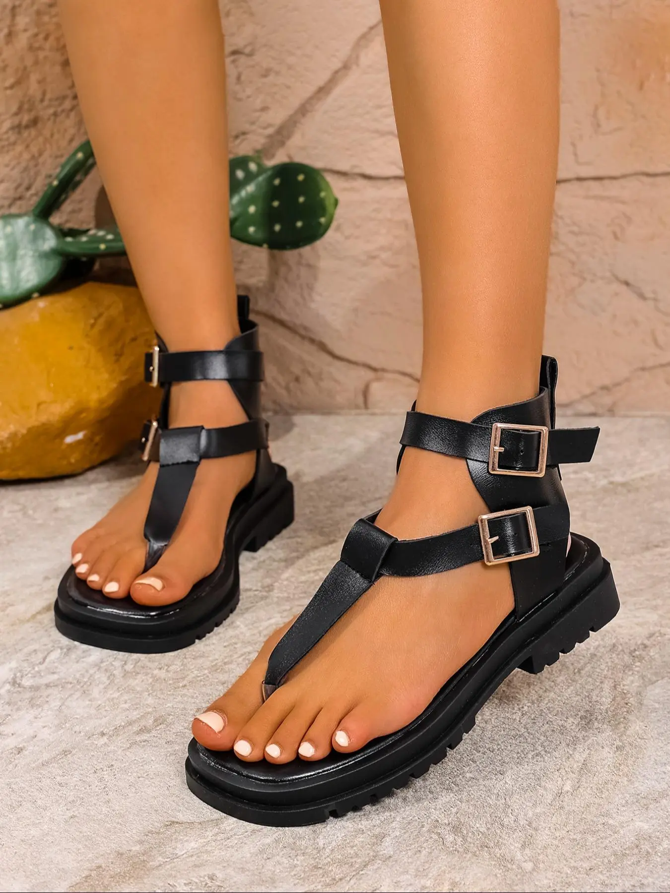 Women Summer Fashionable Casual Holiday Beach Sandals, Thick-Soled Wedge Heel Design, PU Leather Upper, Rubber Sole for All Seasons