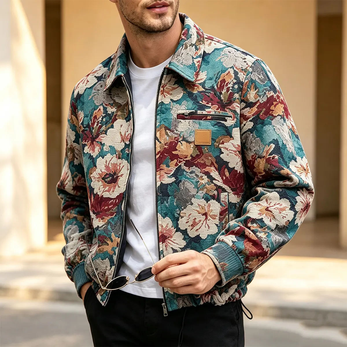 Men Vintage Floral Tapestry Lapel Zip Up Bomber Jacket, Leather Patch Chest Zipper Pocket Casual Outerwear, Retro Flower Pattern Rib Cuff Street Coat for Spring Autumn Fashion Daily Outfits