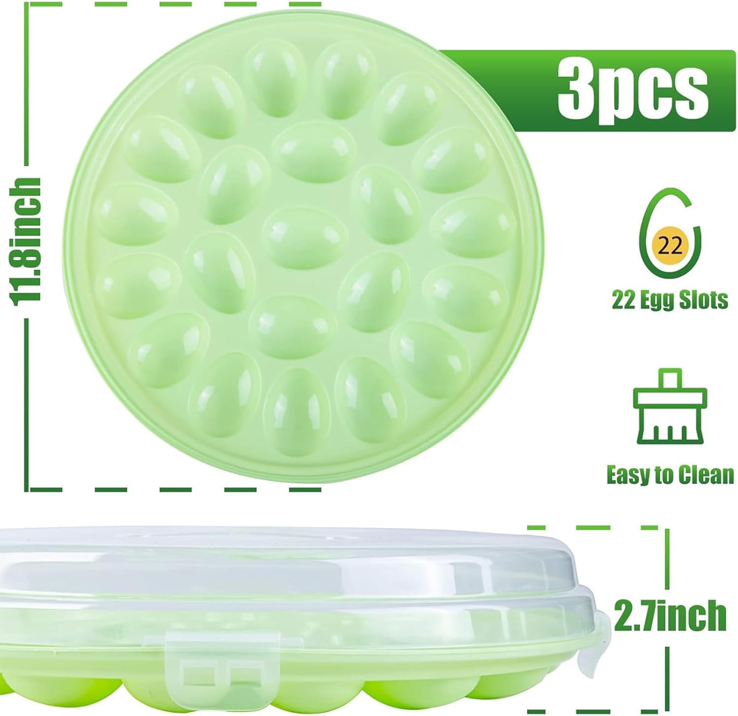 Deviled Egg Containers with Lid, 3 count Deviled Egg Platter Carrier Holder Trays with 66 Slots for Party and Home Kitchen, Green