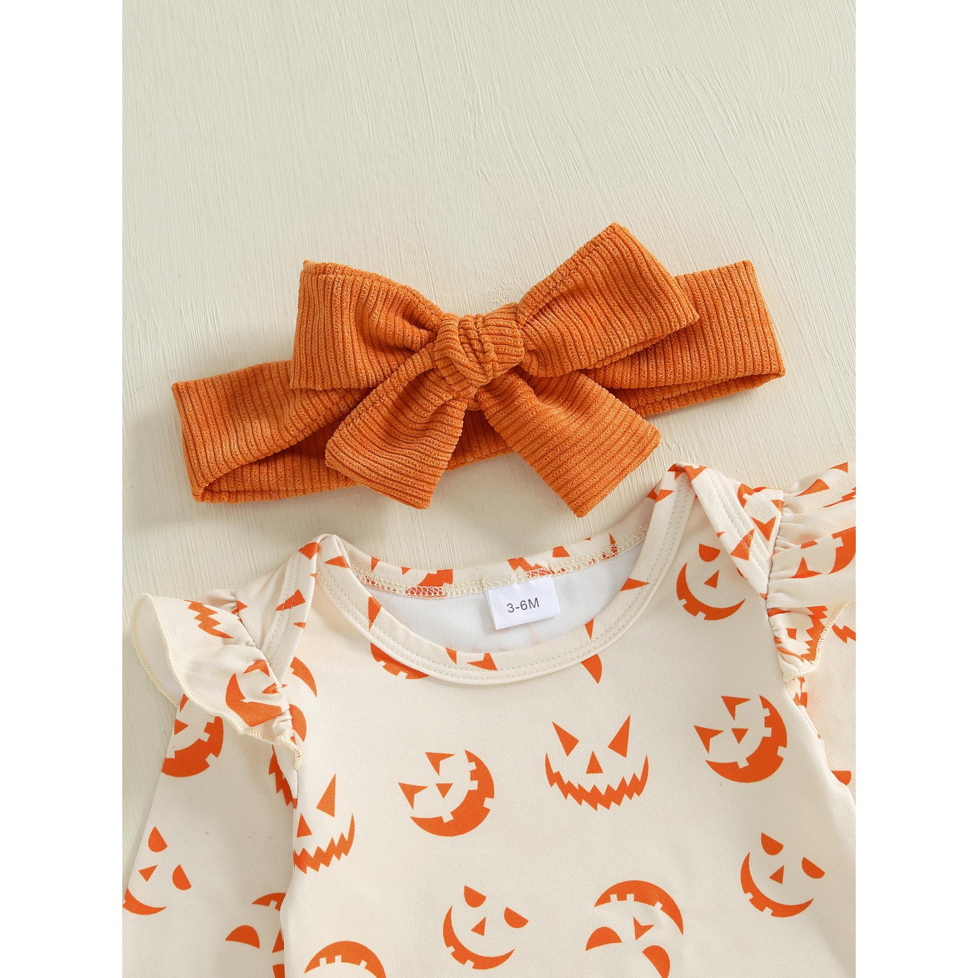 Baby Girls Clothes Set Long Sleeve Halloween Pumpkin Face Print Romper with Letter Embroidery Dress and Headband 3Pcs Outfit