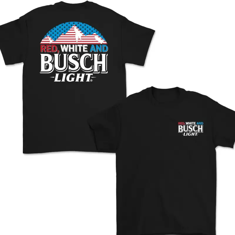 Men's Comfy Breathable Classic Short-Sleeve Tops - Red White Busch Light Graphic T-Shirt, Patriotic Beer Lover Tee, 4th of July Party Shirt, Vintage Summer Casual Streetwear, Father’s Day Gift
