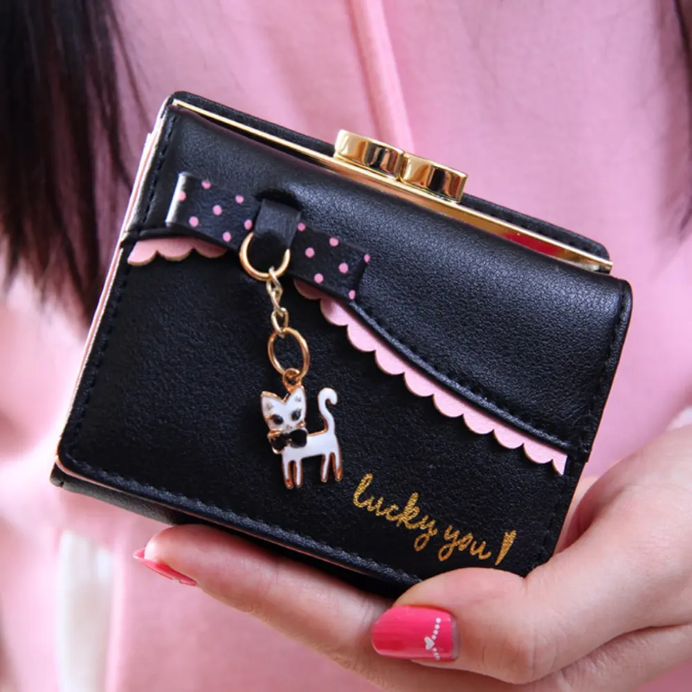 Polka Dot Bow PU Leather Trifold Short Wallet, Scalloped Edge Kitten Charm Tassel Multi Card ID Coin Purse for Teen Girls Students Daily Carry