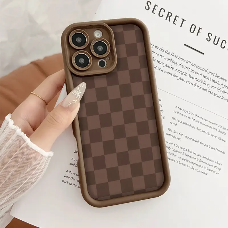 Aesthetic Phone Case for iPhone 17 Pro Max, 16 Plus, 15, 14, 13, 12, 11, Air E - Brown Checkered Canvas, Anti-Scratch, Anti-Drop, Shockproof Soft Silicone Protective Cover, Phone Aesthetic