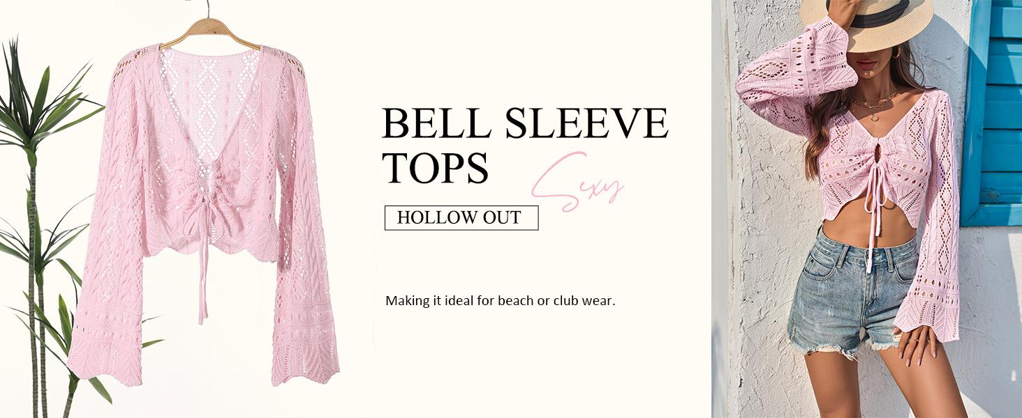 Saodimallsu Womens Crochet Crop Tops Tie Front Bell Long Sleeve Cardigan V Neck Lightweight Knit Shrug Sweaters