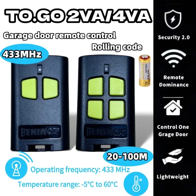Beninca To.go 2va/4va RF Remote Control, 4-Key and 2-Key Garage Door Opener, 433mhz Rolling Code Transmitter, Universal Automatic Door Controller
