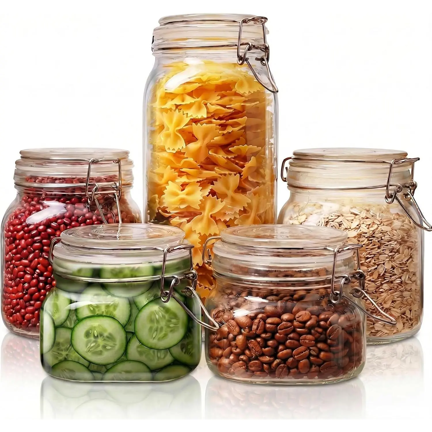 Multi Size - 5 Pack Square Jars with Airtight Lid, Wide Mouth Jars with Clamp Lids, Air Tight Canisters, Best for Cereal, Pasta, Rice, Sugar, Coffee, Spice