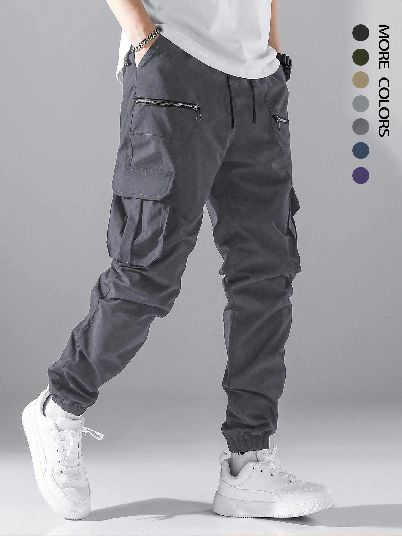 Men's Loose Solid Color Cargo Pants with Drawstring Waist and Pockets, Street Fashion Jogger Trousers for Daily and Outdoor Wear, Suitable for All Seasons
