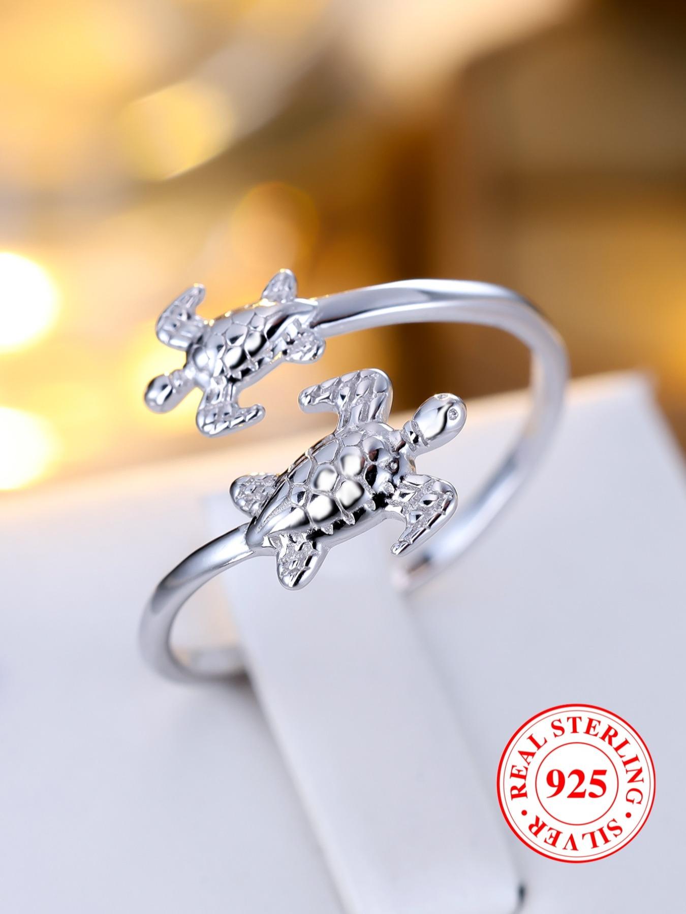 925 Sterling Silver Cute Turtle Design Cuff Ring, Adjustable Ring for Women, Trendy All-match & Exquisite Jewelry for Birthday Gift