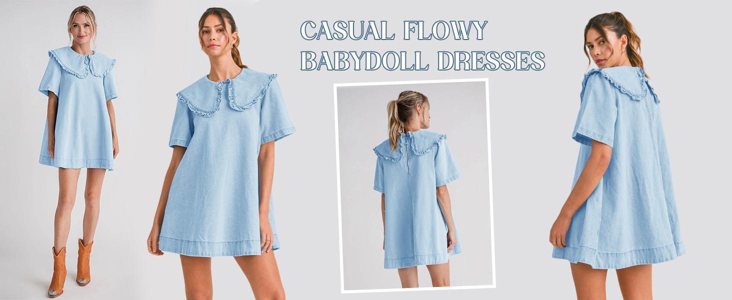 Imily Bela Womens Summer Denim Mini Dress Oversized Peter Pan Collar Short Sleeve Casual Flowy Babydoll Jean Dresses SpringStatements