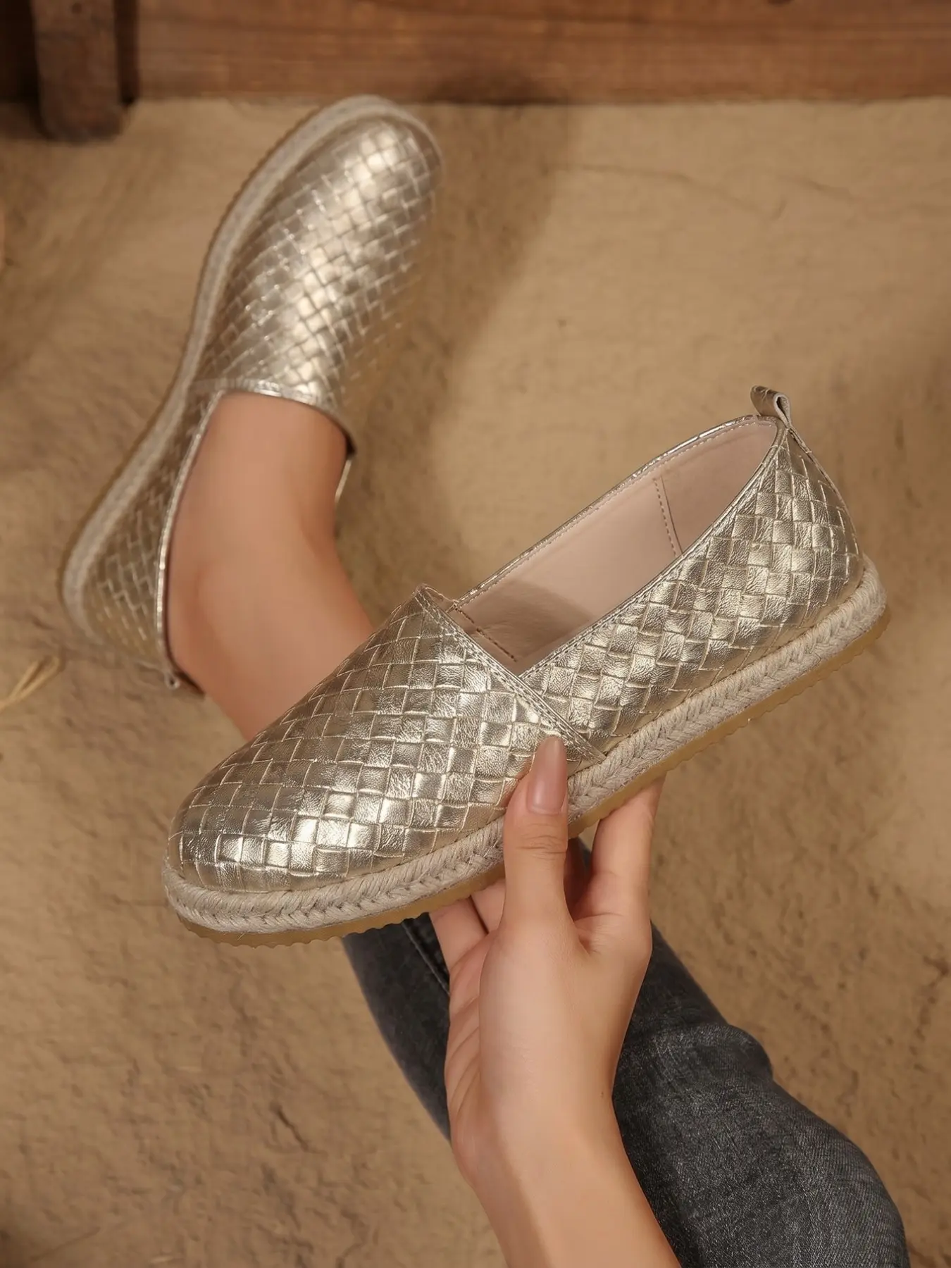 Women Shiny Golden Hand Weave Espadrilles, Soft Rubber Sole, Comfortable Daily Walking Shoes, Stylish Footwear for Everyday Use