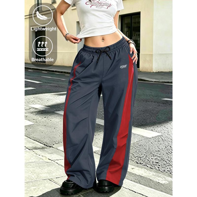 Women's Splicing Wide Leg Sports Pants - Elastic Full Waist Design (Small Embroidered Logo), Deep Side Patch Bag Design, Suitable for Fitness, Hiking, Leisure Outdoor Activities