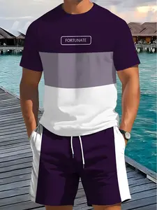 Summer men's loose sports suit, patchwork design letter printed top, two piece set for street trendy lazy people to wear, Athleisure Outfits