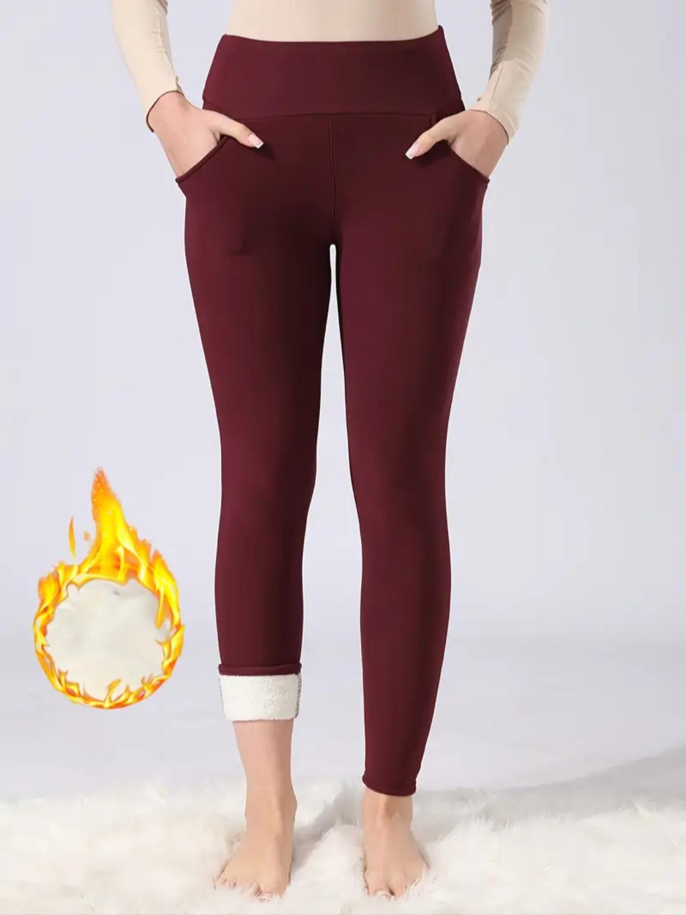 Women's Solid High-Waisted Thermal Lined Sports Leggings, Casual Comfy Warm Skinny Pants with Pocket for Yoga, Workout and Running, Ladies Sportswear for Fall & Winter