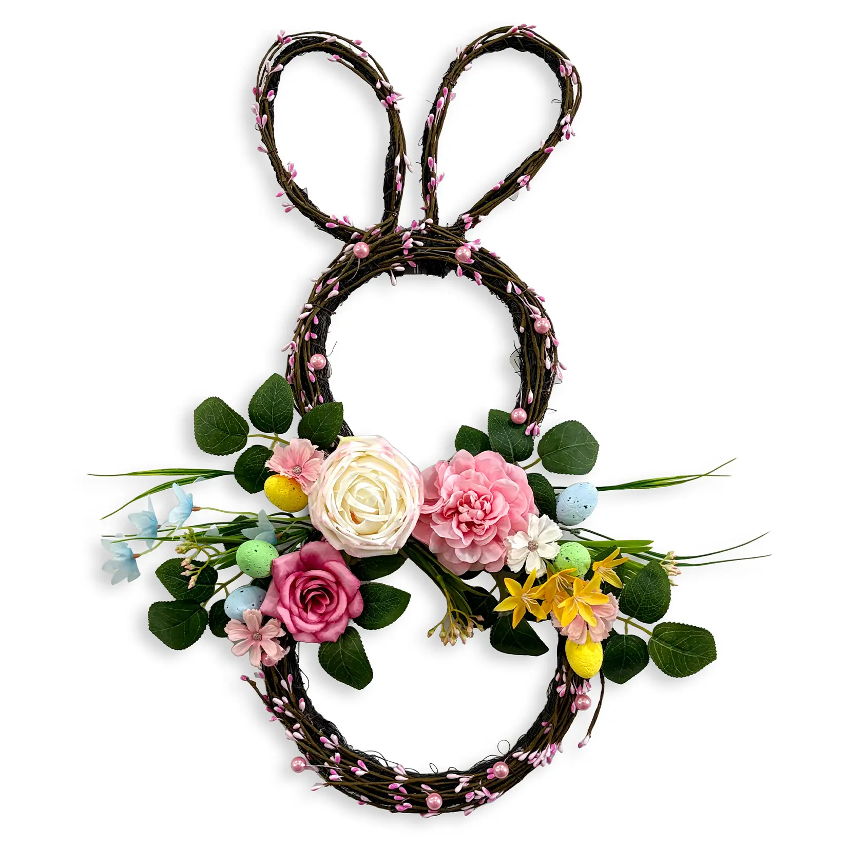 Handmade Easter Rabbit Wreath with Pastel Eggs & Peonies, 24" Luxury Spring Floral Garland for Front Door, Wall or Window, Pink