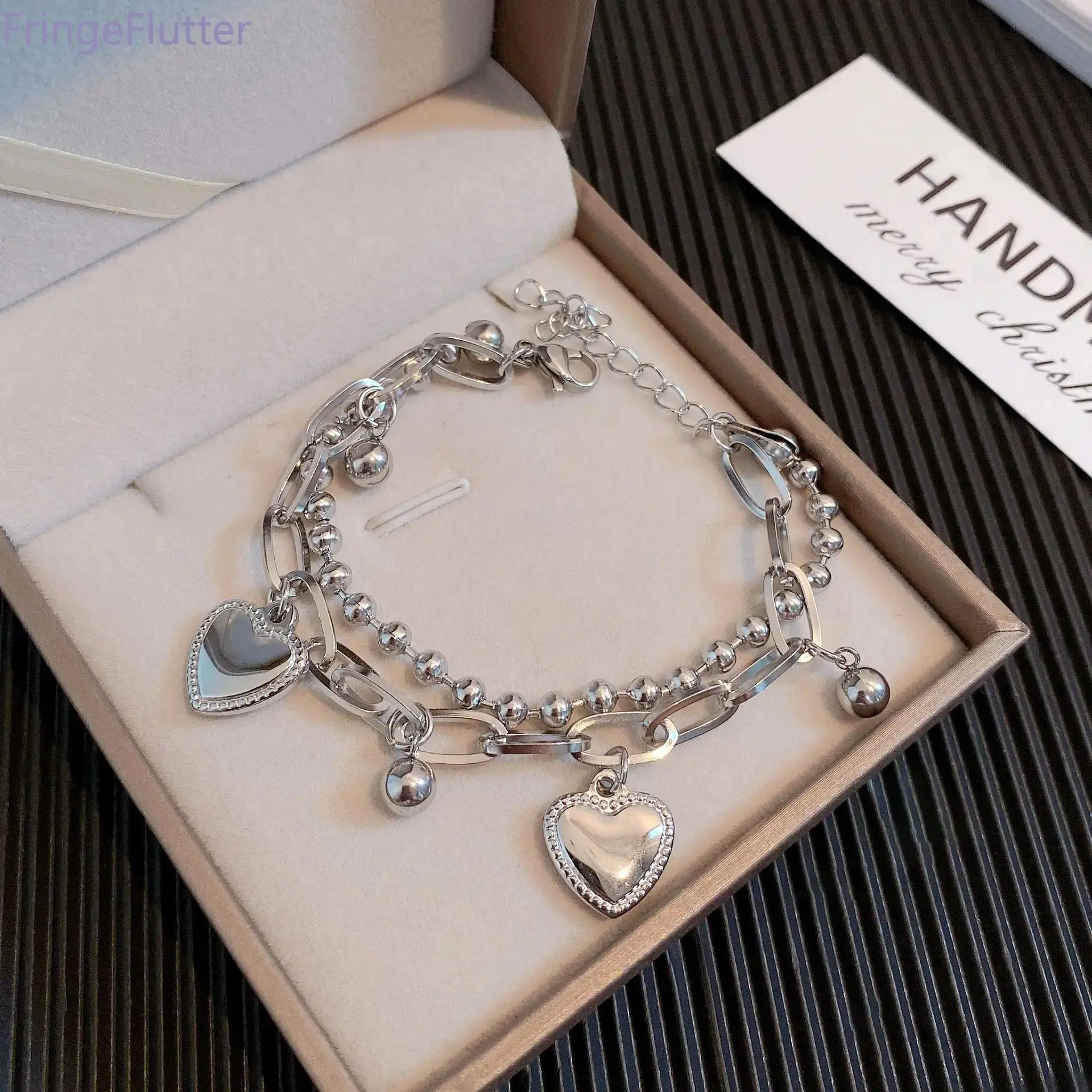 2PCS Double Layer Metal Finish Bracelets - Stacked Set, Bold Hearts, Hip-Hop Look, Trendy Statement Jewelry for Leisure, Daily Wear (2-Piece Sets)