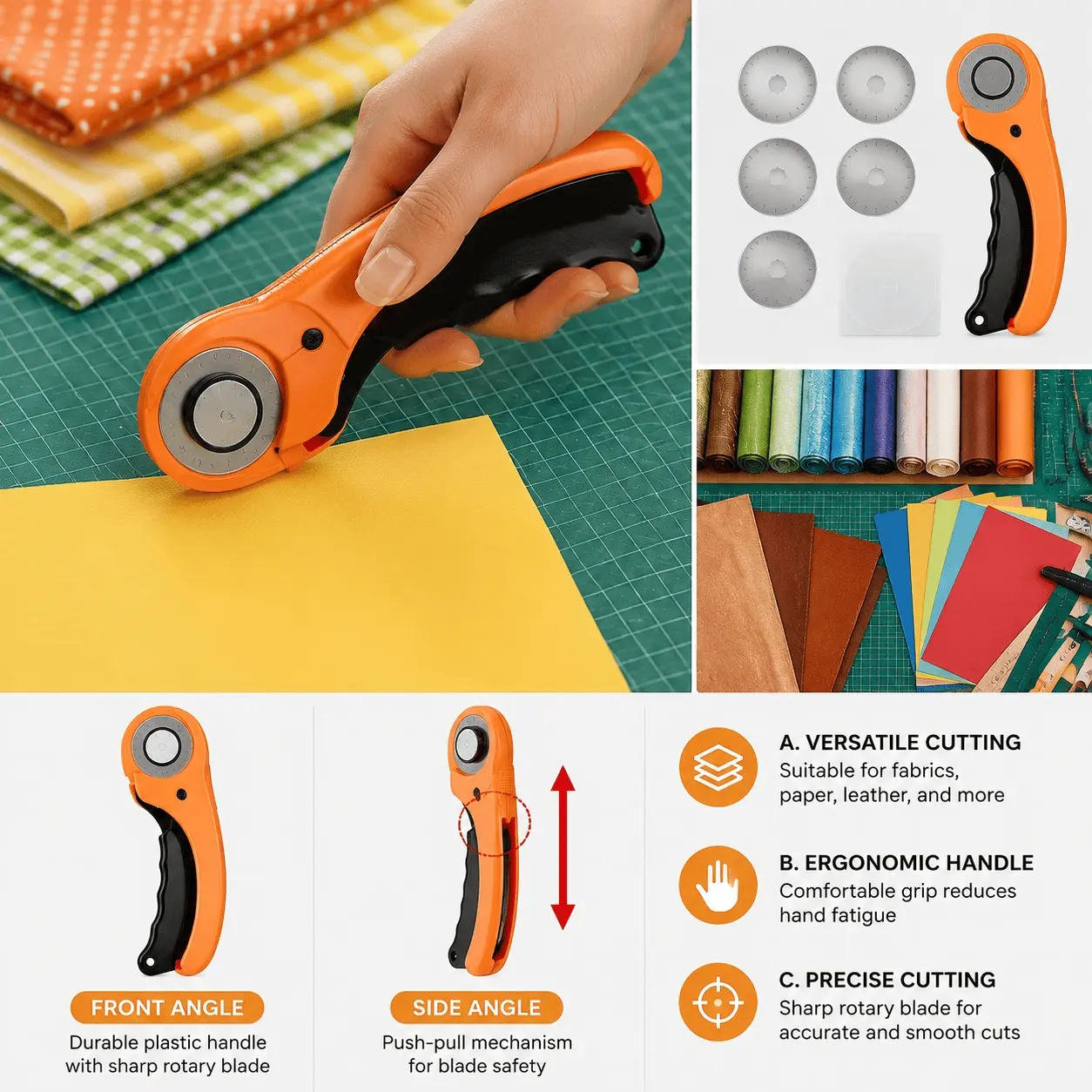 6-in-1 Rotary Cutter Set with Tungsten Steel Blade, Flat Fabric Knife, Leather Scriber, Magnetic Quick-Swap Press Lock Safety Design – Precision Cutting for Sewing, Quilting, Wallpaper, Crafting & DIY Sewing Tools