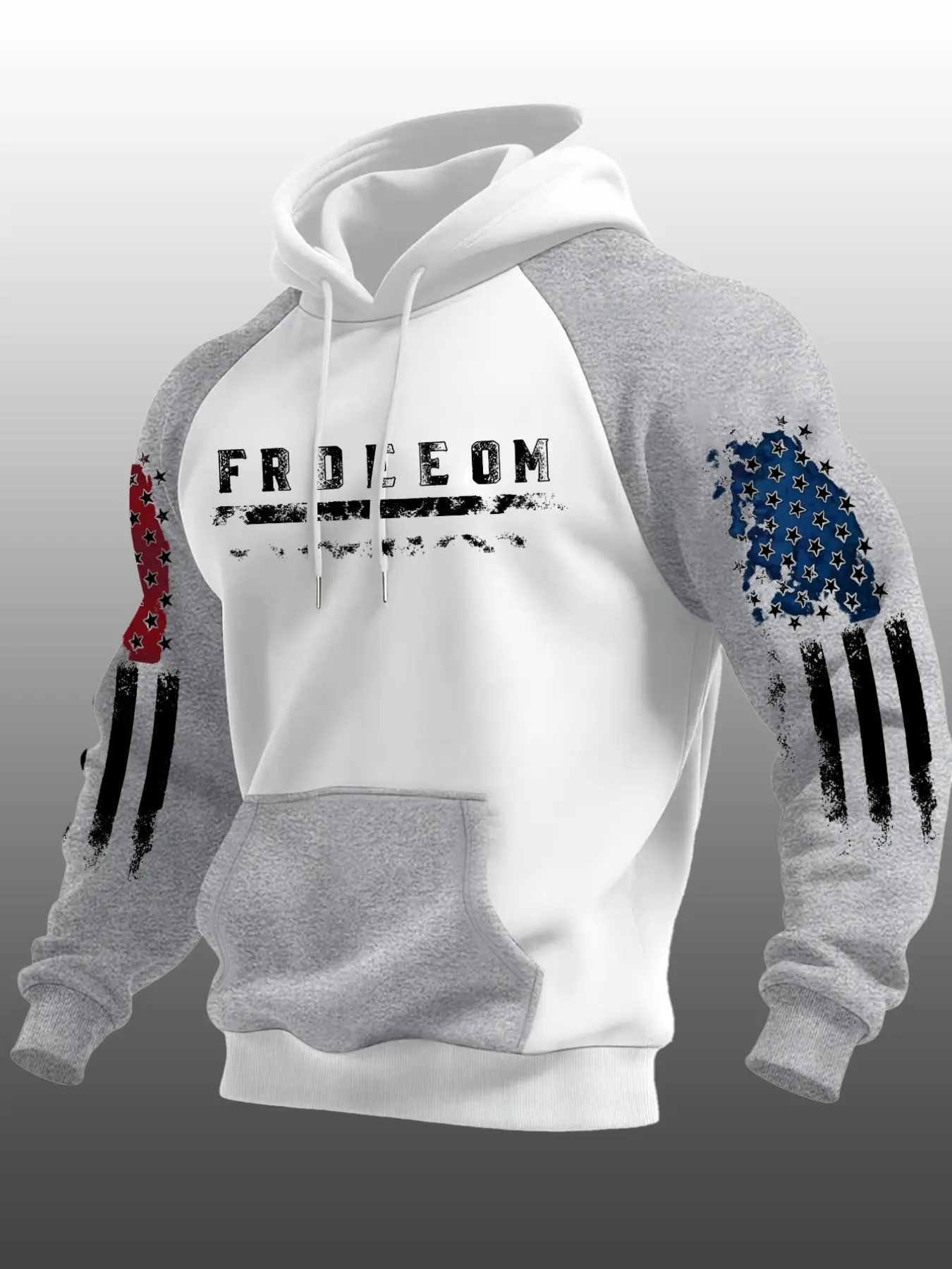 Men's Raglan Sleeve Drawstring Hooded Sweatshirt, Vintage Distressed USA Flag Freedom Letter Graphic Pullover Hoodie, Soft Casual Patriotic Streetwear Top For Daily Outdoor Workout