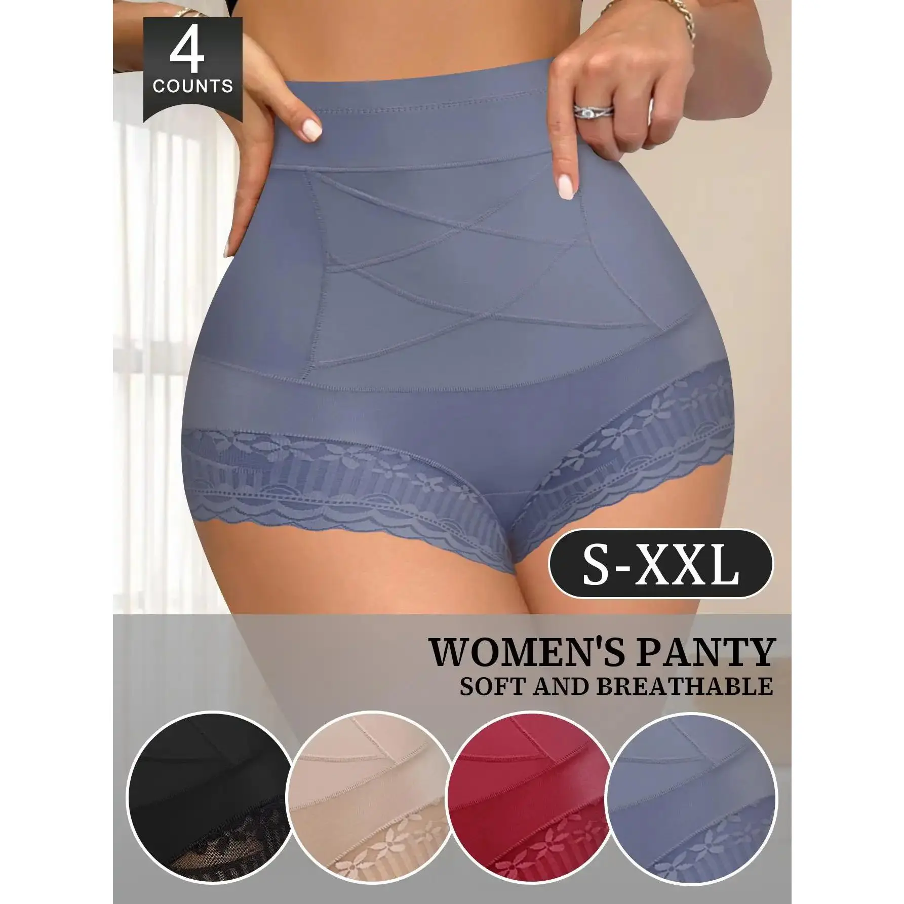 K#107 QUASTI 4-Pack Women's High-Waisted Lace Shaping Panties, Soft Solid Color, Tummy Control & Butt Lifting Sexy Panties, Crisscross Design, Invisible High-Elastic Fabric, Suitable For Everyday Wear, Minimalist Style, XS-XXL summerwins