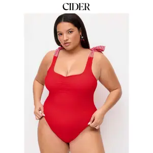 Cider Shaping Red Bow Tie Textured One Piece Swimsuit Curve & Plus