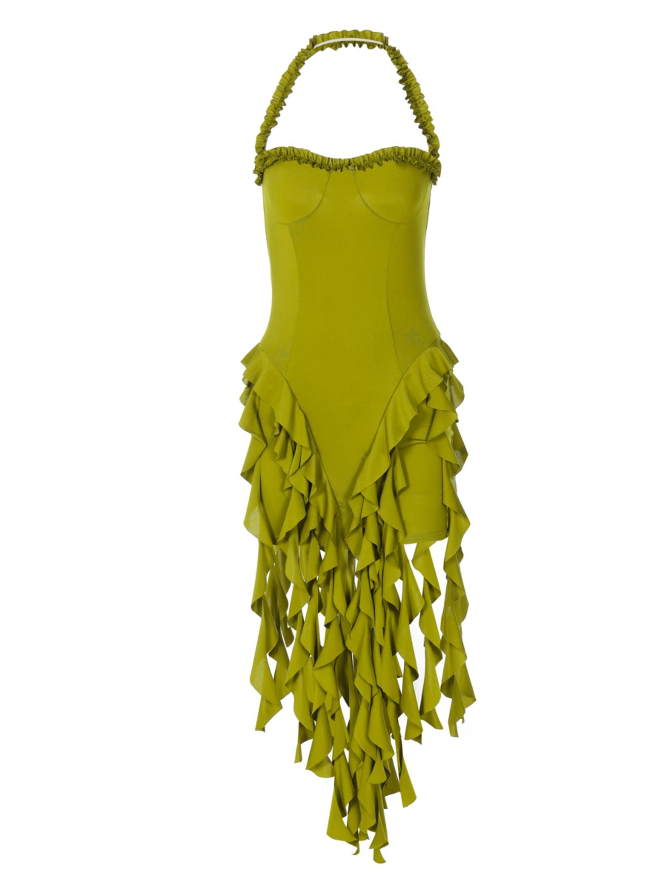 Women's Y2K Octopus Bodycon Dress Plain Ribbon Halter Neck Ruffle Hem Backless Sleeveless Mini Dress for Party Club Dating Summer Fashion Valentine's Day Gift