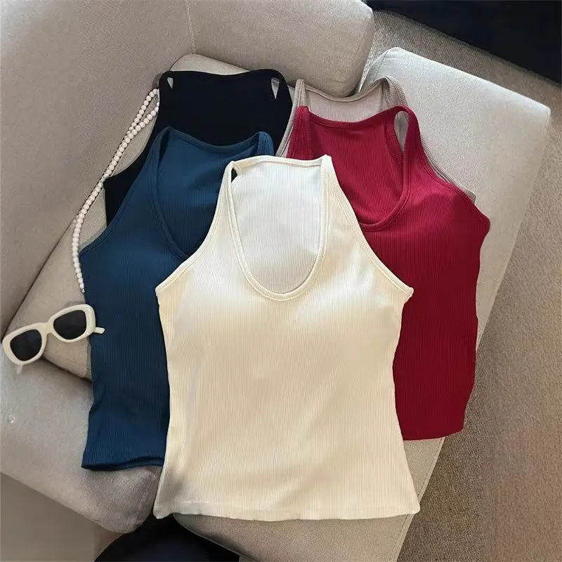 Women's Minimalist Solid Plain Halter Neck Sleeveless Ribbed Knit Cropped Cami Tank Top - Built-in Pads, Backless Look, French Aesthetic, Sun-Protective for Layering & Outer Wear, Cropped Cut