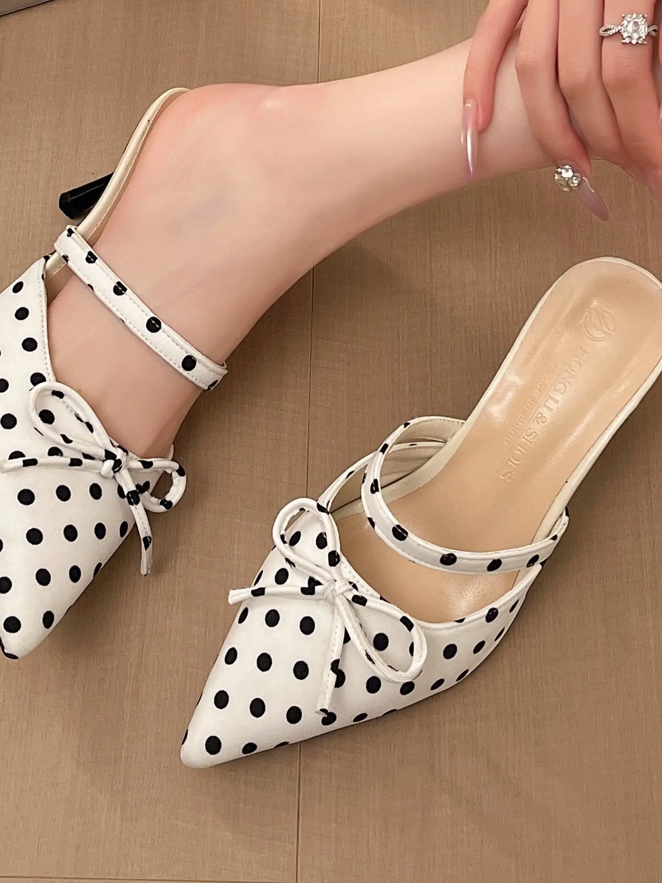 Spring Summer New Retro Polka Dot Bow Tie Pointed Toe Unique Sandals, Elegant High Heel Slip Ons, Versatile Dress Shoes, Comfortable & Stylish